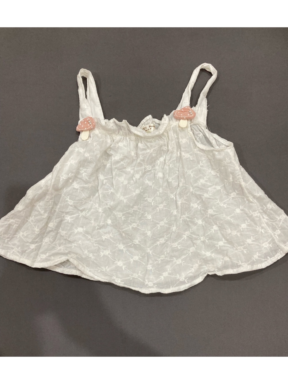 Girls White Embroidered Summer Tank with Pink Mushroom Accents